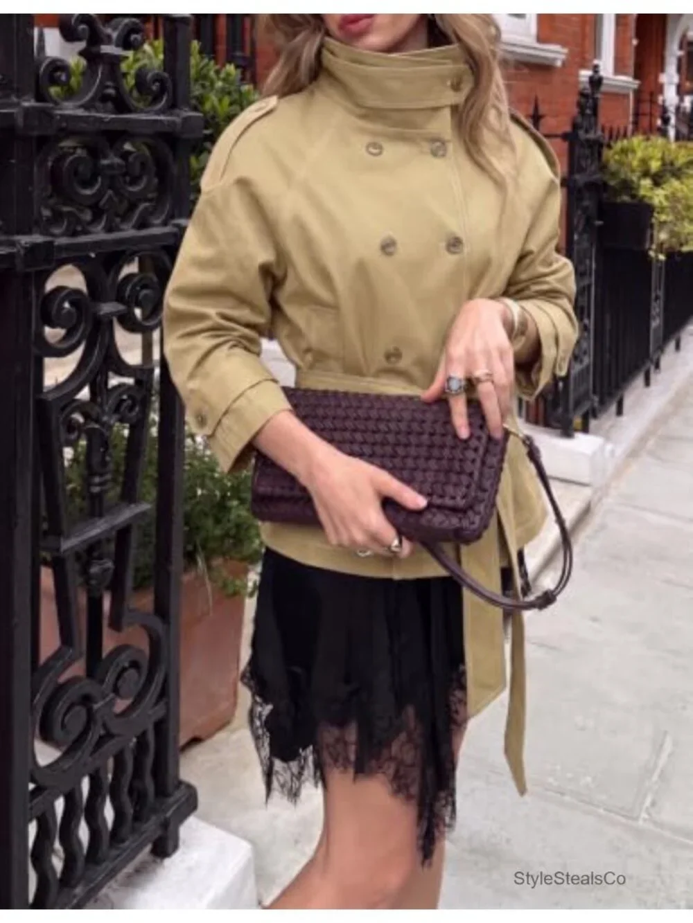 Women's Cropped Trench Coat Double Breasted Raglan Sleeve Belted Jacket